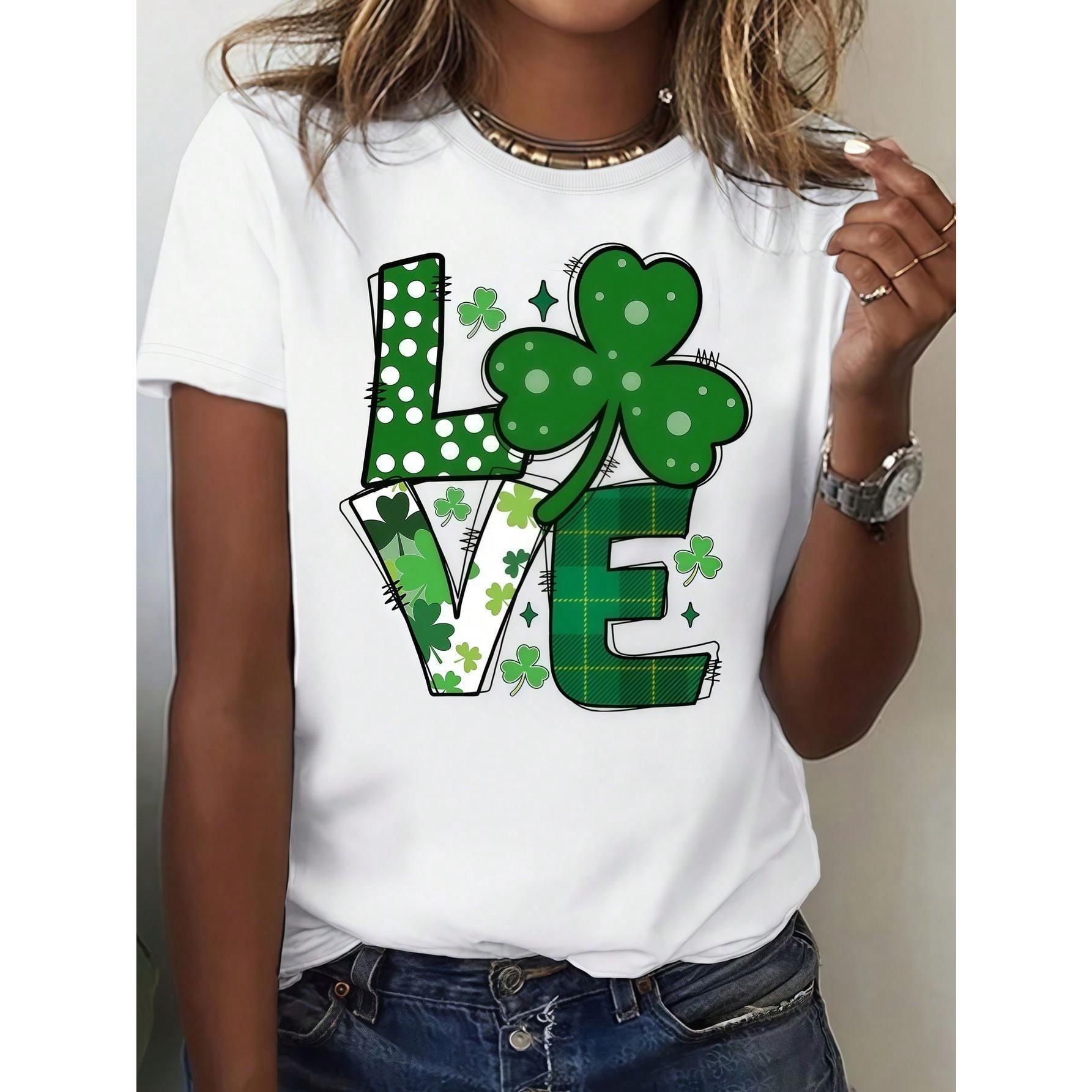 Women's St Patrick's Day Love Shamrock Graphic T-Shirt - White Crew Neck, Short , Festive Green Clover Design With LOVE Print, Perfect For Spring Summer Casual Wear, Sprin