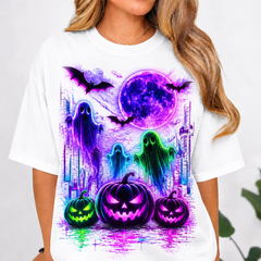 Halloween Women's Ghost Print Graphic T-Shirt, Halloween Short Sleeve Crew Neck Casual Fall Tee