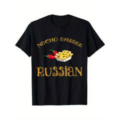 Men'S Funny Nacho Average Russian Graphic T-Shirt - White Tee with Bold Orange Text & Chili Pepper Design - Casual Everyday Shirt for Hispanicmexicanrussian Culture Fans - Regular Fit Short Sleeve Round Neck Top, Cultural Apparel, Playful Print