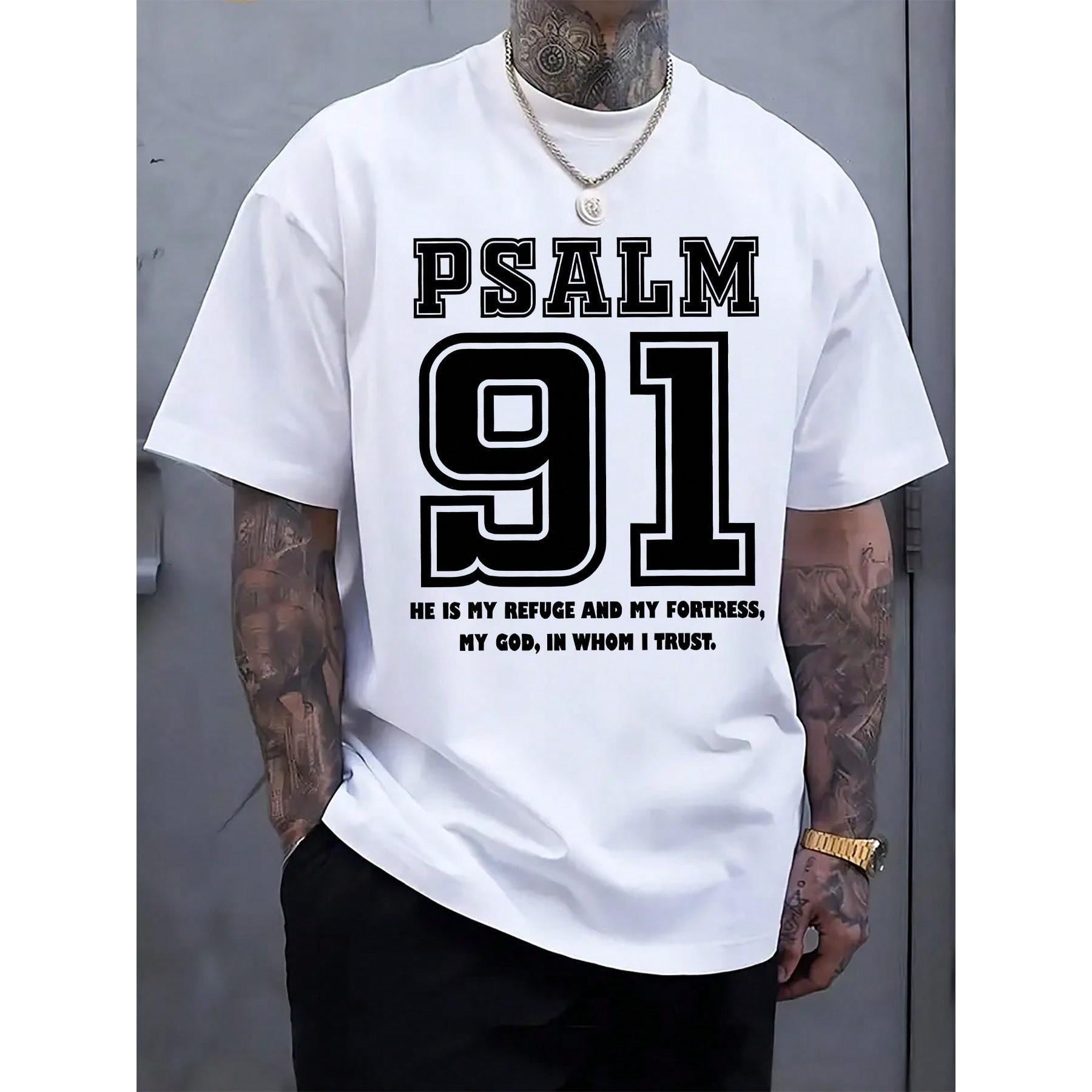 Men's Psalm 91 Religious Graphic T-Shirt - Black With White Inspirational Bible Verse Print, Regular Fit Casual Short Sleeve Round Neck Summer Tee, Machine Washable, Casual Attire
