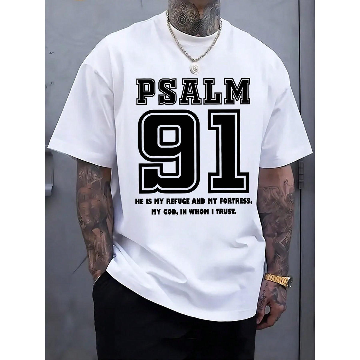 Men's Psalm 91 Religious Graphic T-Shirt - Black With White Inspirational Bible Verse Print, Regular Fit Casual Short Sleeve Round Neck Summer Tee, Machine Washable, Casual Attire