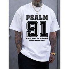 Men's Psalm 91 Religious Graphic T-Shirt - Black With White Inspirational Bible Verse Print, Regular Fit Casual Short Sleeve Round Neck Summer Tee, Machine Washable, Casual Attire
