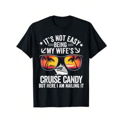 Men's "Cruise Candy" Graphic T-Shirt - Funny & Playful 100% Cotton Tee, Casual Round Neck Short Sleeve, Black With Colorful Cruise Ship & Palm Tree Design