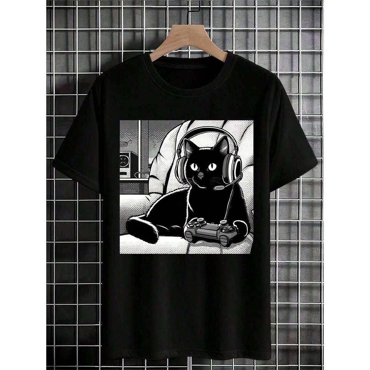 Mysterious Black Cat Graphic T-Shirt | Relaxed Fit Casual Tee, Short Sleeve Crewneck for Everyday Wear