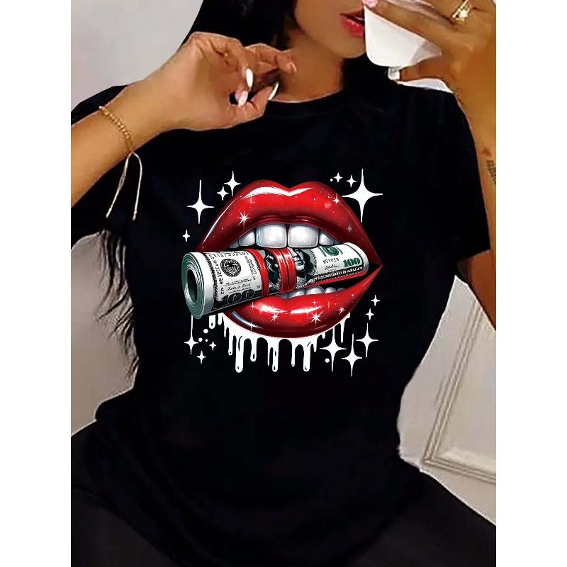 Vibrant Red Lips & Dollar Print Crew Neck T-Shirt - Stylish Casual Short Sleeve Top For Women - All-Season Comfortable Fashion Wear With Relaxed Fit