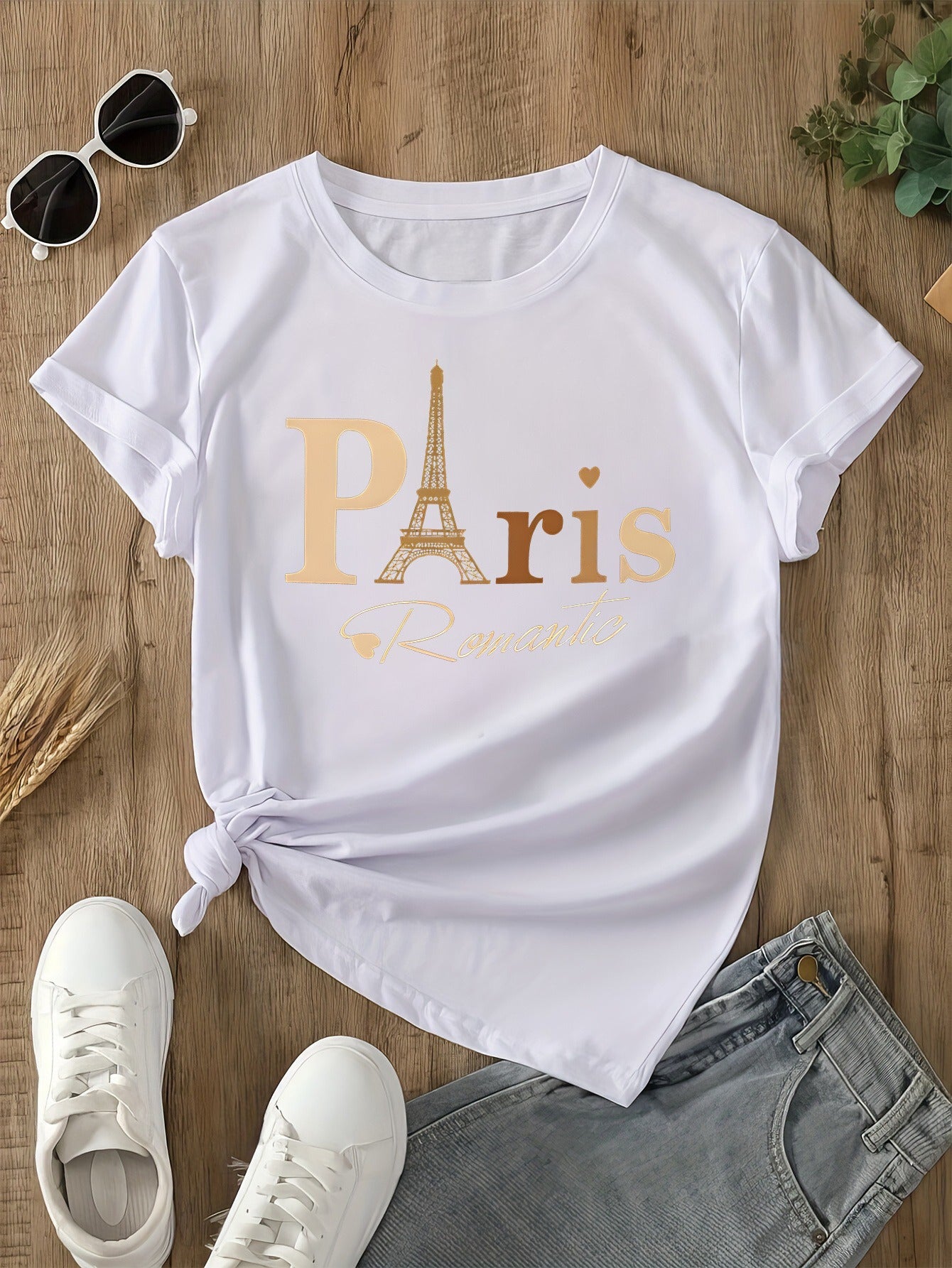 Fashion Women's Paris Graphic T-Shirt, Casual Short Sleeve Top with Eiffel Tower Print, Romantic Letter Print Tee for Daily Wear