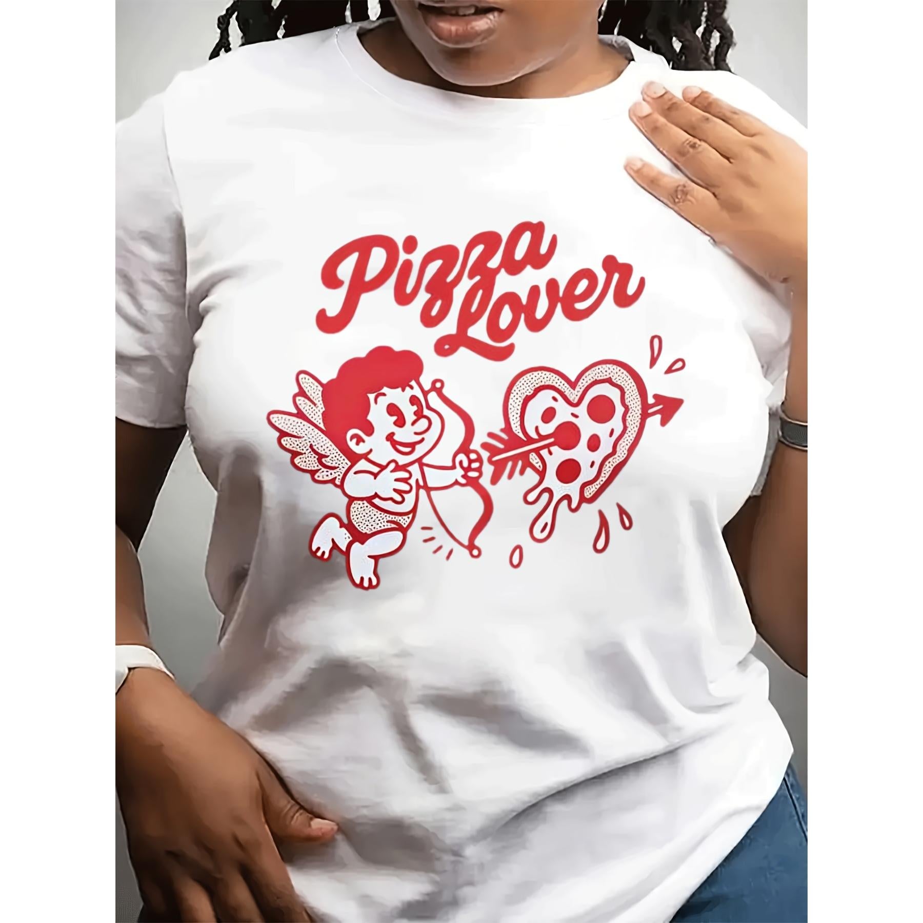 Valentine's Day Women's Round-neck Fashionable Casual T-shirt: Cupid Hits Pizza Heart-shaped Pattern Couple Fun Theme