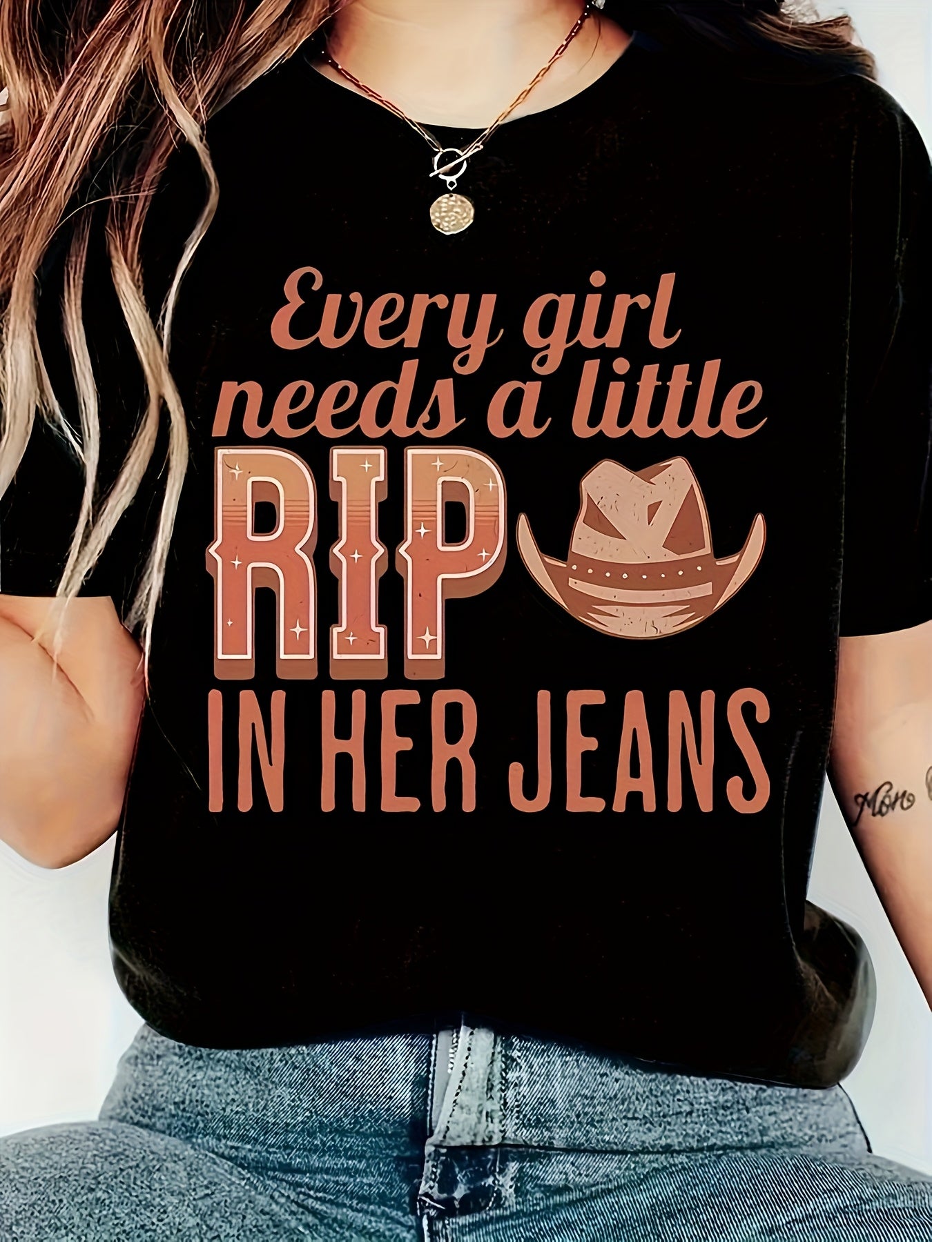 "Every girl needs a little rip in her jeans" Graphic Print T-Shirt – Casual Crew Neck Design