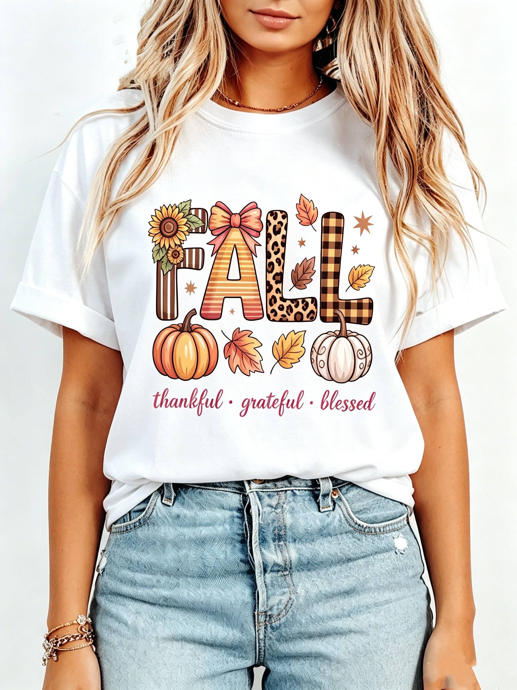 1pc Women's T-Shirt Fall Pumpkin Leopard Plaid Print Thankful Grateful Blessed Autumn Tropicoqueta Outfits Back To School Clothes