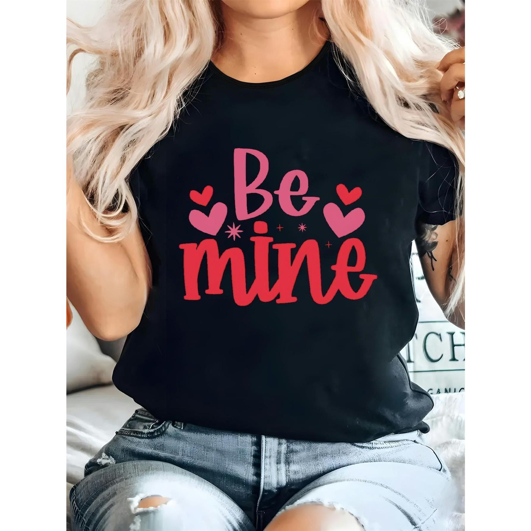 Women's Short Sleeve Crew Neck T-Shirt - Black with Pink & Red Hearts Geometric Be Mine Print, Micro Stretch Comfort Fit Casual Blouse, Machine Washable Spring Summer Fall Everyday Top for Valentine's Day Outfits & Year-Round Wear - Ladies