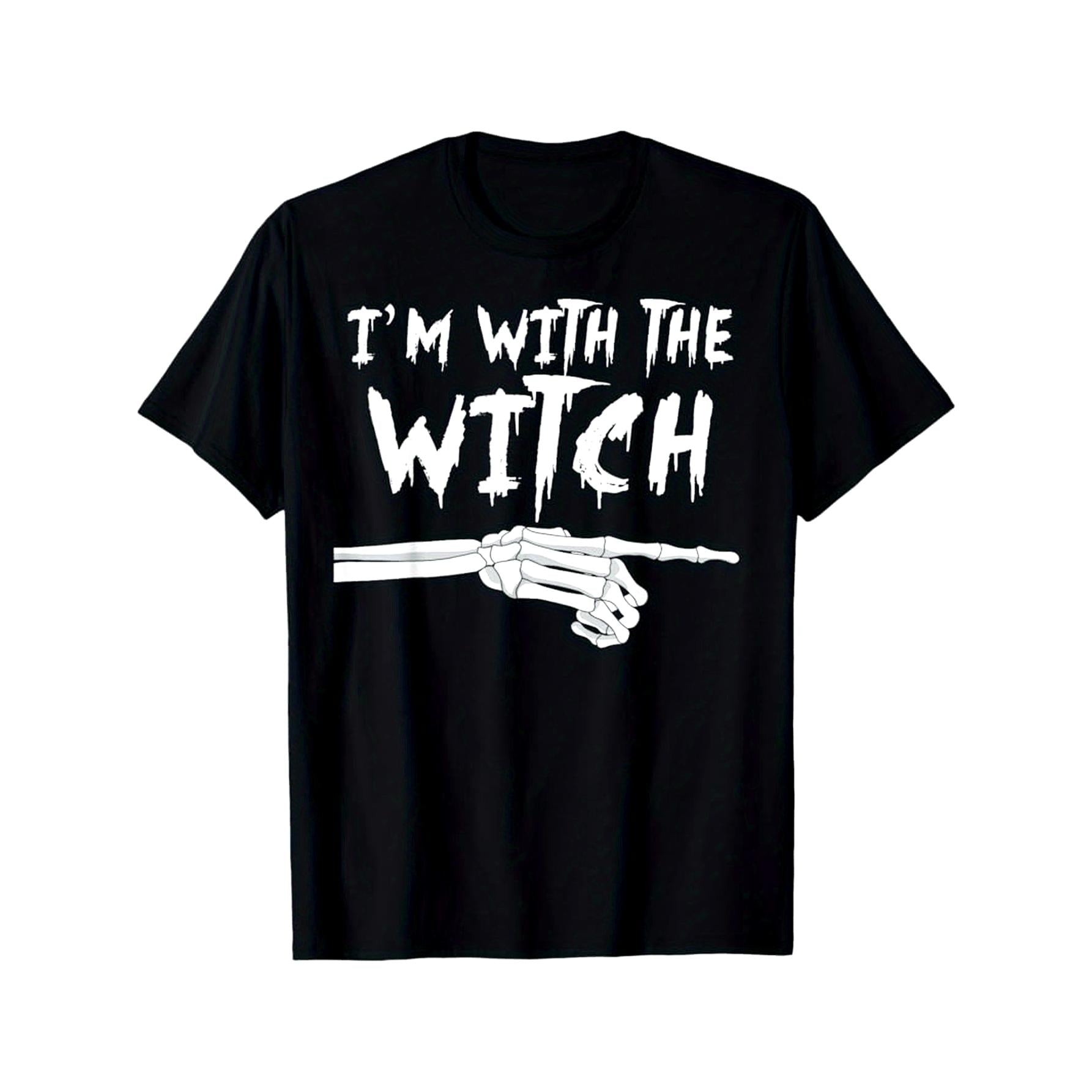 Men's & Women's Funny "I'm with The Witch" Gothic Halloween T-Shirt - Wicked Witch & Bats Design with Witches' Hat & Broomstick Print, Casual Round Neck Short Sleeve Tee