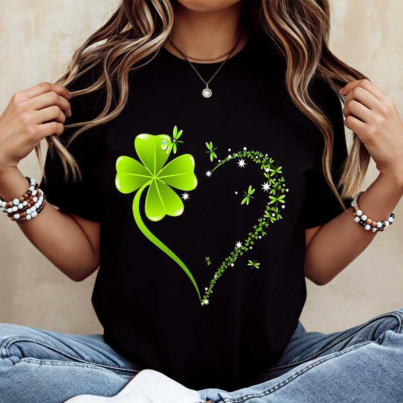 Crew Neck T Shirt  Four Leaf Clover Heart Design St Patrick's Day Celebration