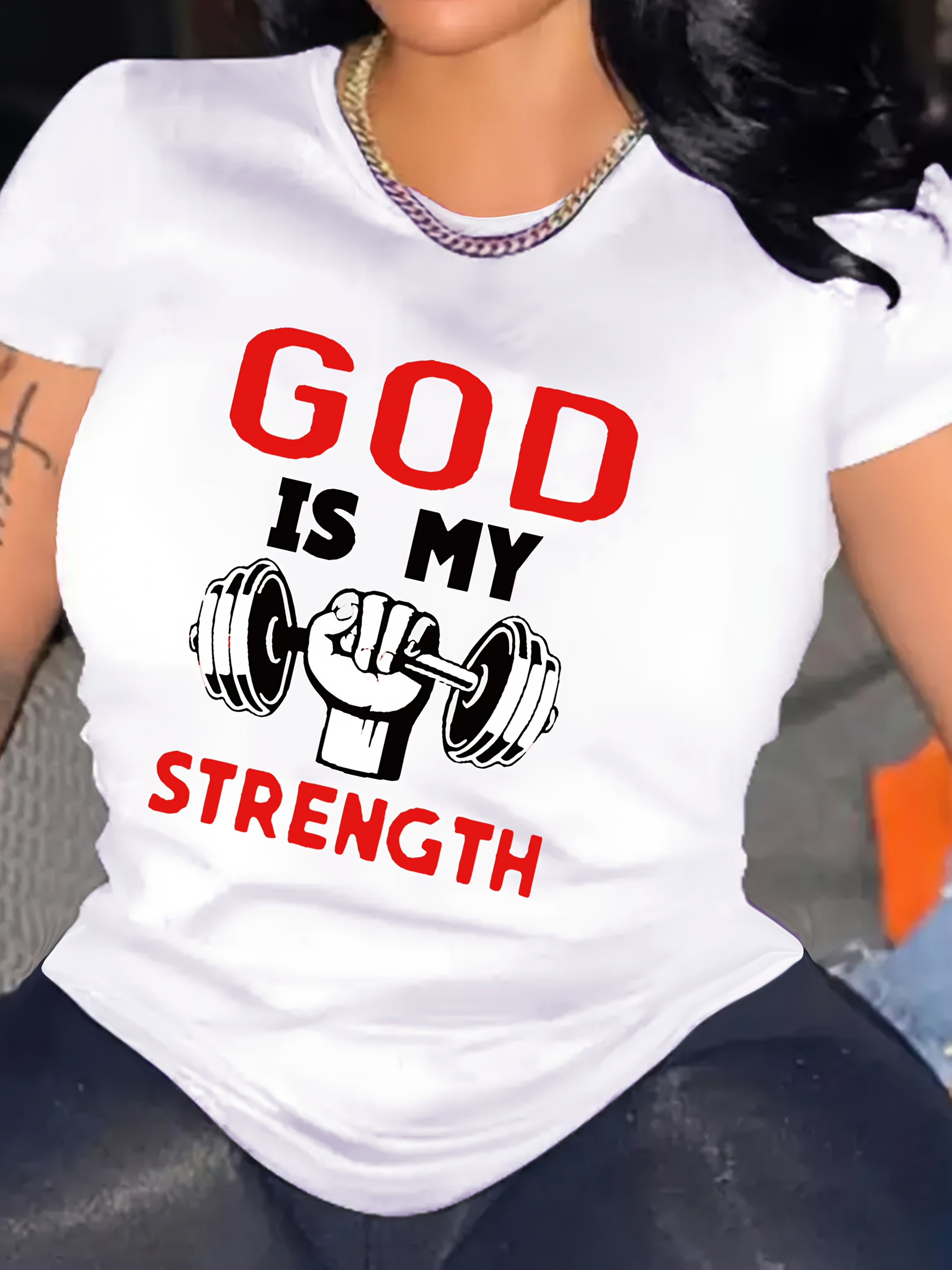 Women's Inspirational "God Is My Strength" Graphic Crewneck T-Shirt – Fitness-Themed Top