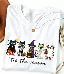 Halloween Black Cat Teacher Graphic T-Shirt, Tis the Season Funny School Tee, Cute Fall Classroom Short Sleeve Top, Gift for Teachers