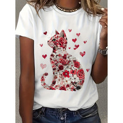 Women'S Valentine'S Day Love Cat Graphic T-Shirt - Short Sleeve Crew Neck Casual Top with Red & White Floral Cat Design, Perfect for Spring & Summer, Spring Casual Wear | Playful Graphic Tee | Glossy Fabric Shir