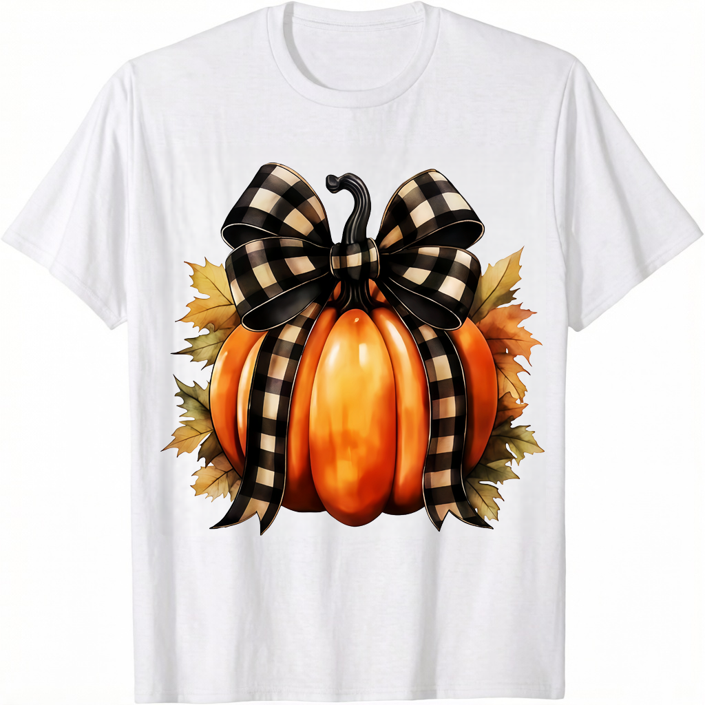 Thanksgiving Harvest Pumpkin Bow Buffalo Plaid Ribbon Fall Autumn Women T‑Shirt