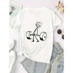 Women's Oversized Funny Workout Graphic T-Shirt - Black Short Sleeve Oversized Tee With Humorous Stick Figure Lifting Weights Print. Loose Fit Soft Cotton Top, All-Season
