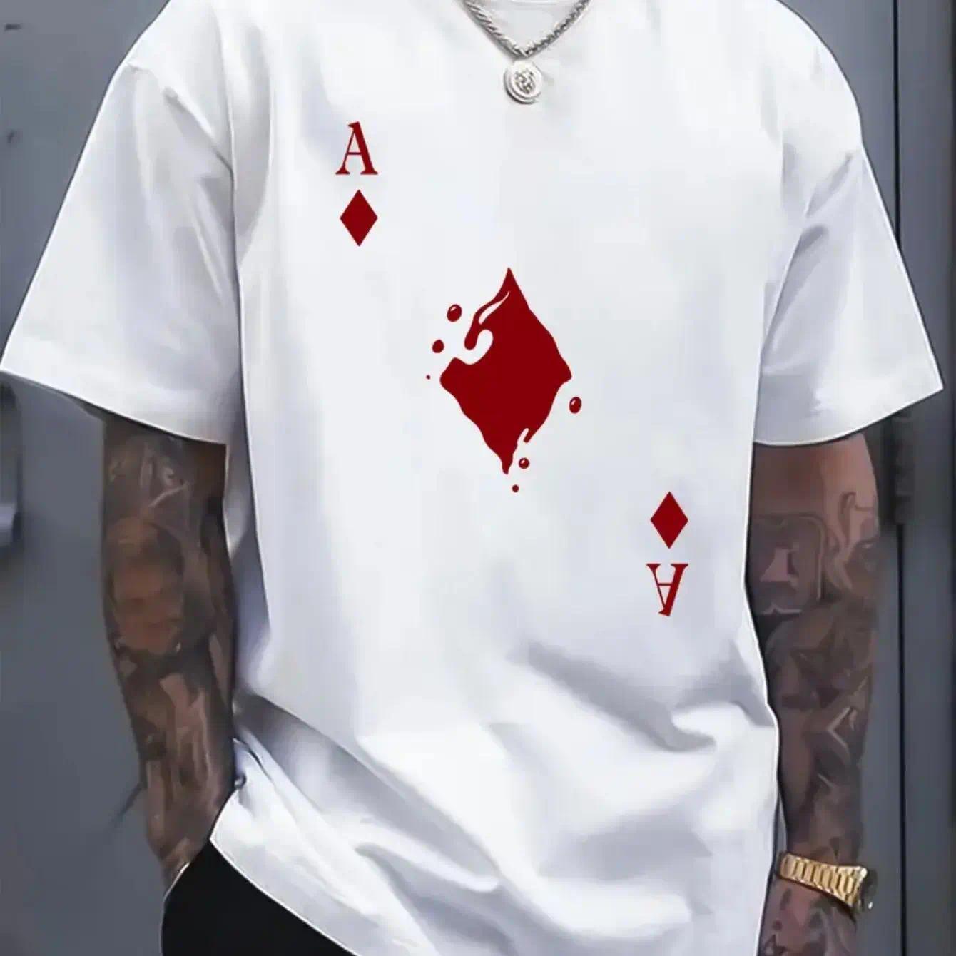 Men's cotton crew neck t-shirt with bold Ace of Spades graphic print, regular fit stretch knit fabric, white casual short sleeve top, suitable for all seasons, street trend t-shirt