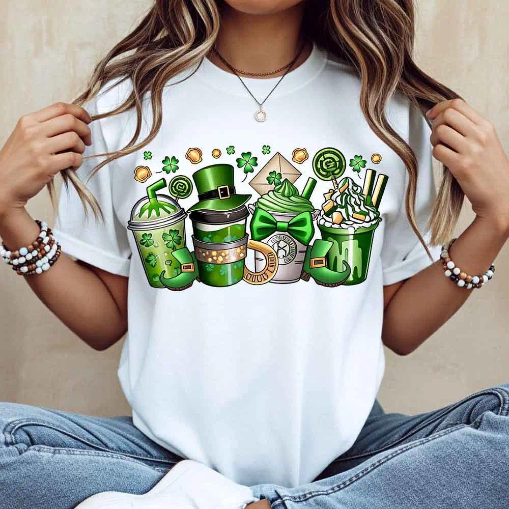 Women Casual T-Shirt White St Patrick Day Coffee Cup And Leprechaun Hat Design For Festival Celebration