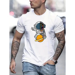 Men'S Casual Stylish Round-Neck Print Short-Sleeve T-Shirt Featuring a Cartoon Astronaut
