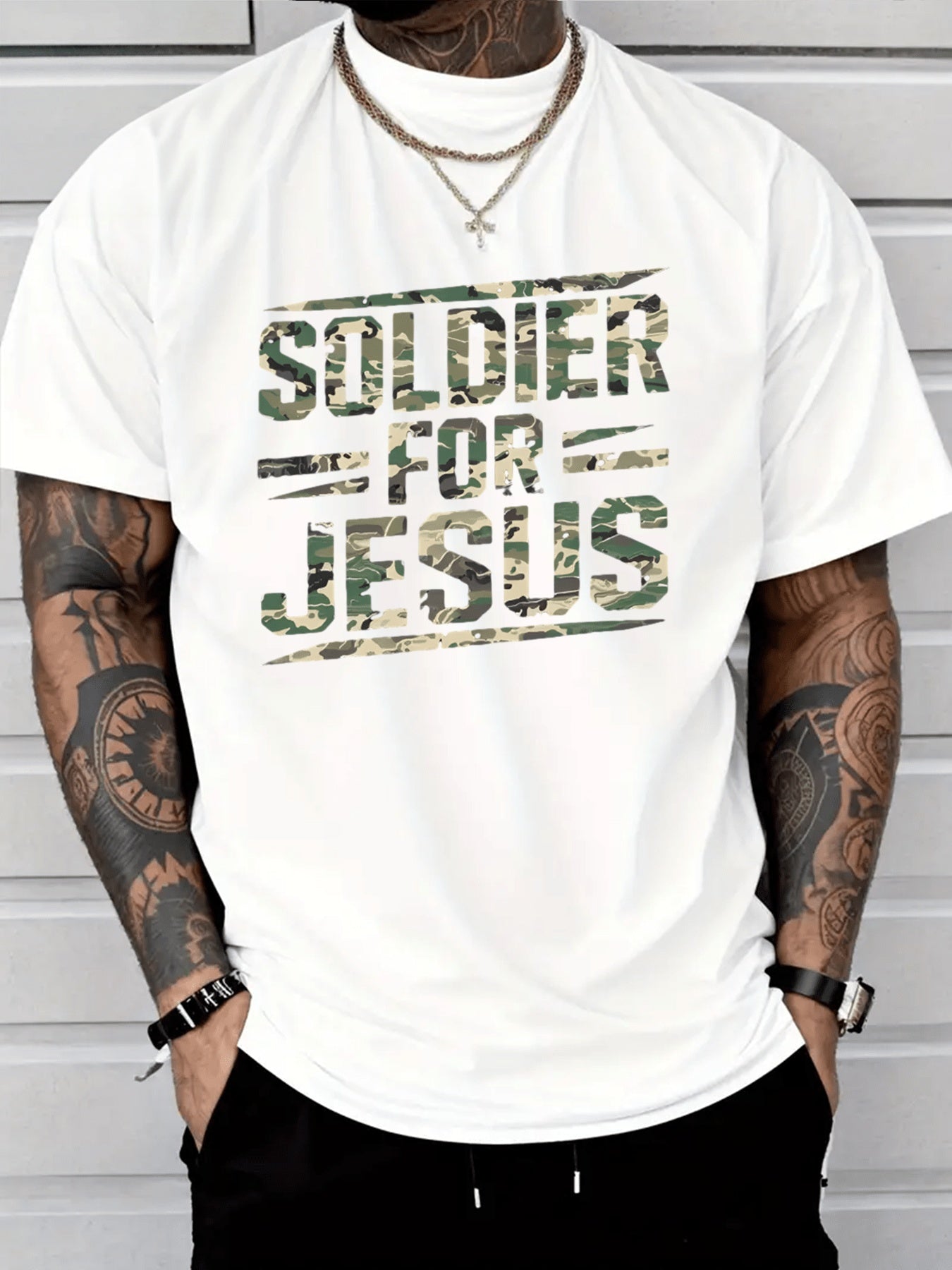 Soldier For Jesus Camo Graphic T-Shirt, Men's Christian Faith Camouflage Letter Print Short Sleeve Tee