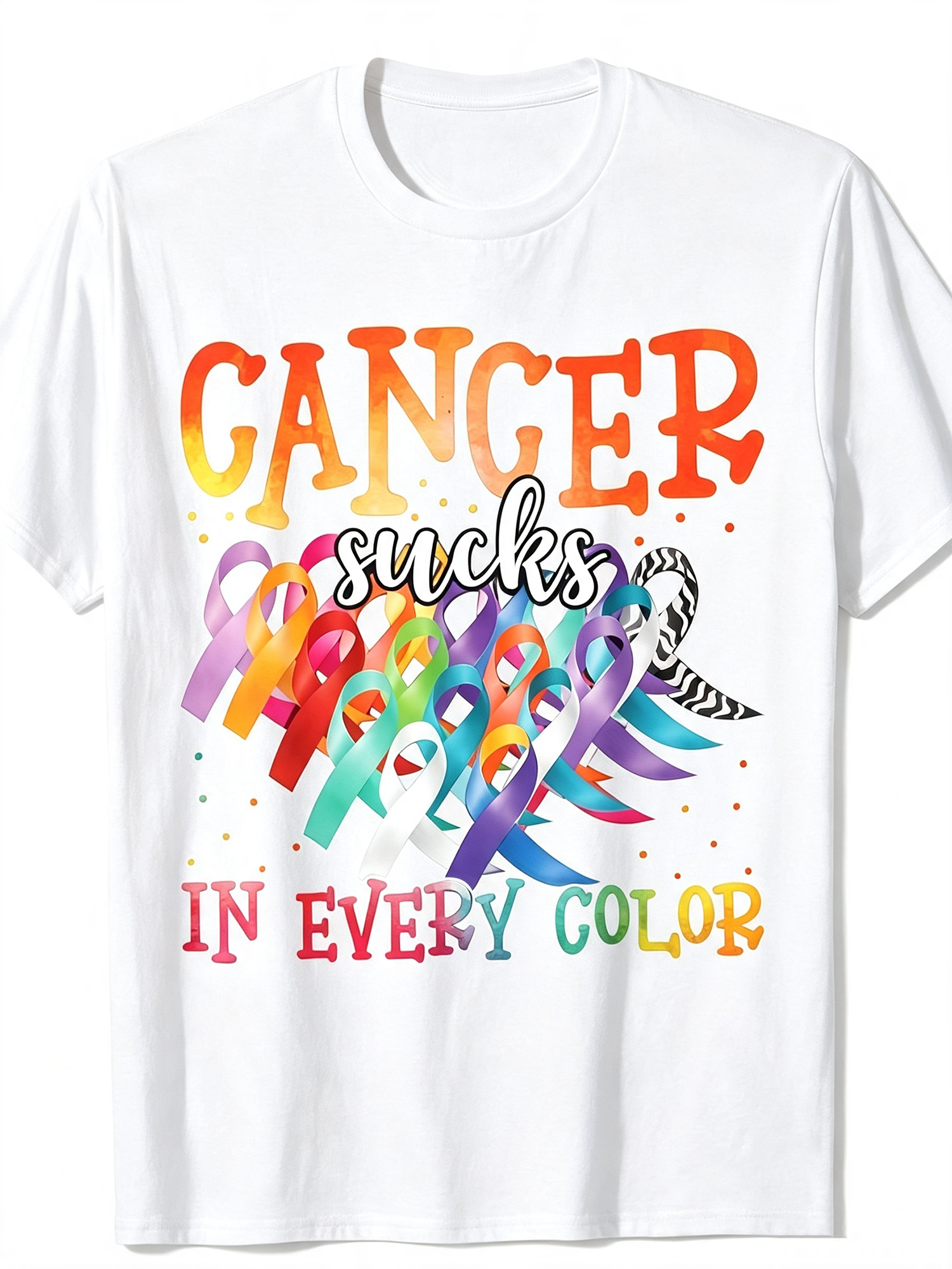 Cancer Awareness Multicolor Ribbon Graphic T‑Shirt, Inspirational Support Short Sleeve Tee for Men Women