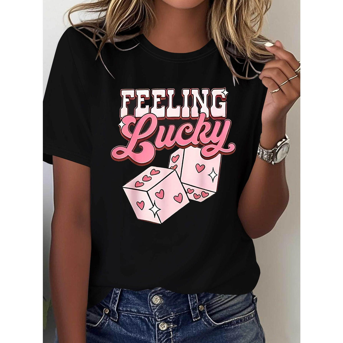 Women's Feeling Lucky Heart Dice Print T-Shirt - Short Sleeve Crew Neck Casual Top with Lucky Charm Design, Spring Summer Blouse for Valentine's Day Gift & Casual Attire - Cute Dice & 1 2 3 4 5 6 Print