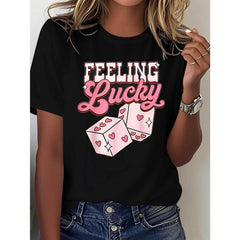 Women's Feeling Lucky Heart Dice Print T-Shirt - Short Sleeve Crew Neck Casual Top with Lucky Charm Design, Spring Summer Blouse for Valentine's Day Gift & Casual Attire - Cute Dice & 1 2 3 4 5 6 Print