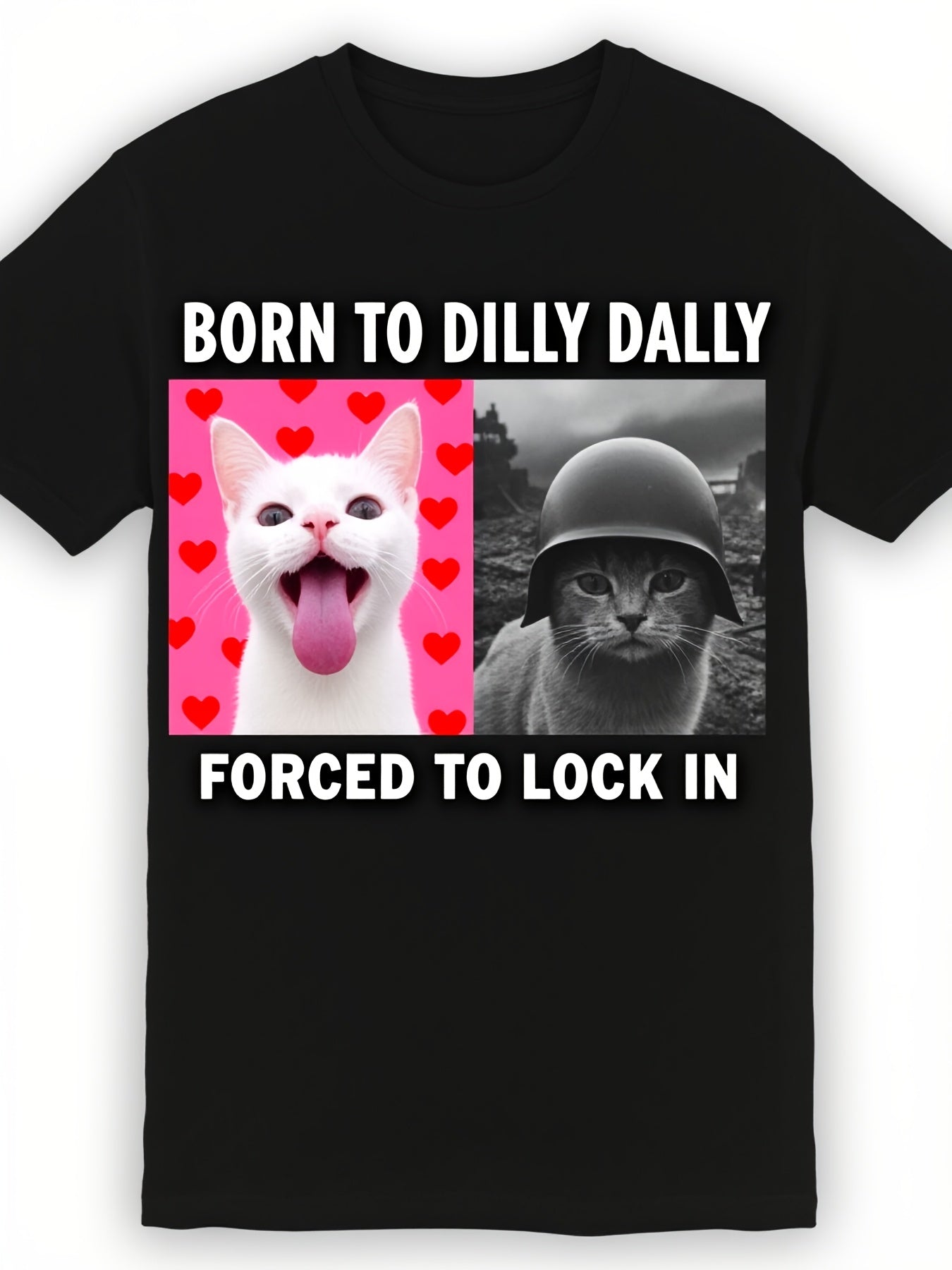 Men's Funny Cat TShirt with Born to Dilly Dally Slogan Scottish Fold Kitten Print