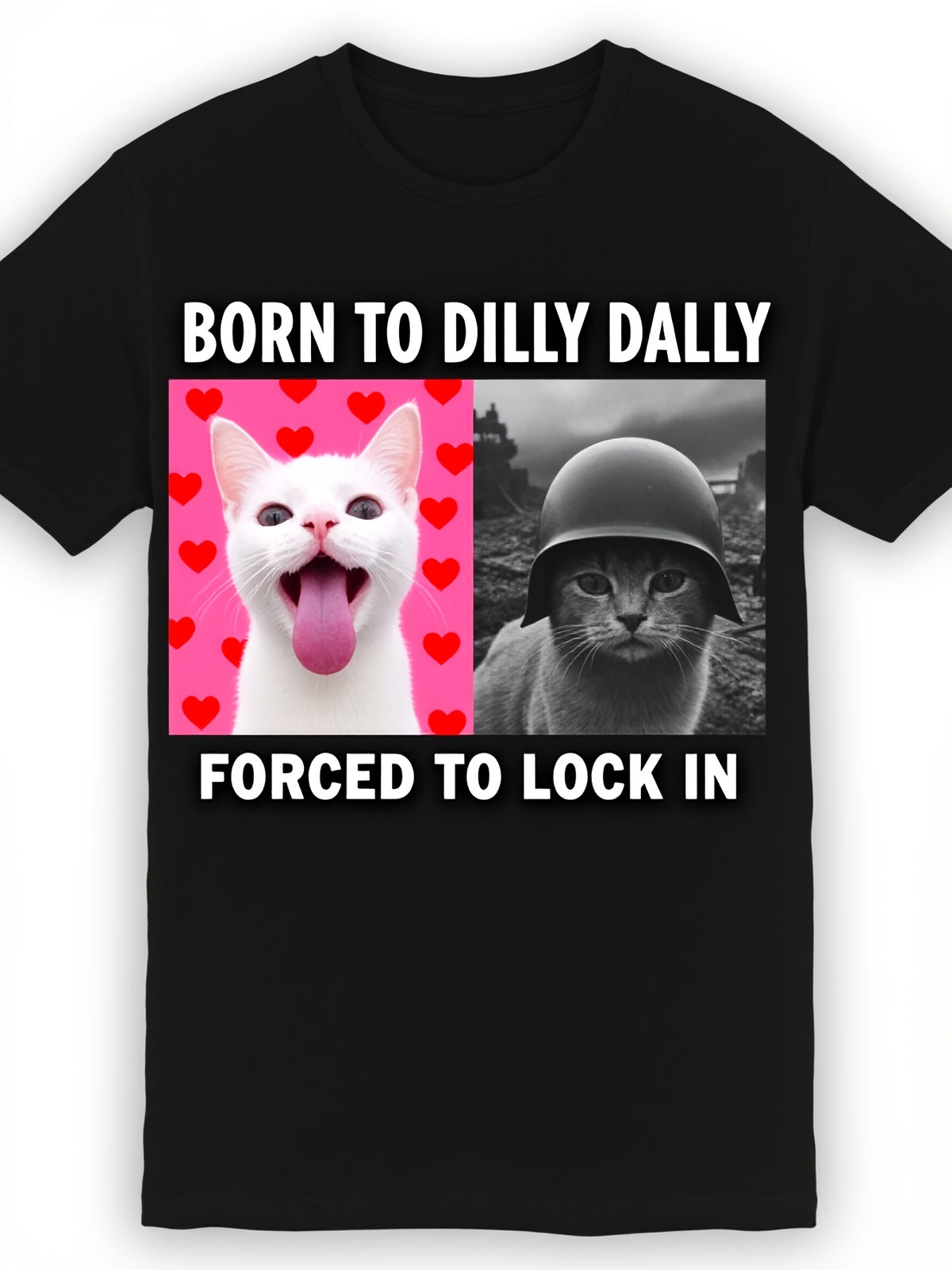 Men's Funny Cat TShirt with Born to Dilly Dally Slogan Scottish Fold Kitten Print