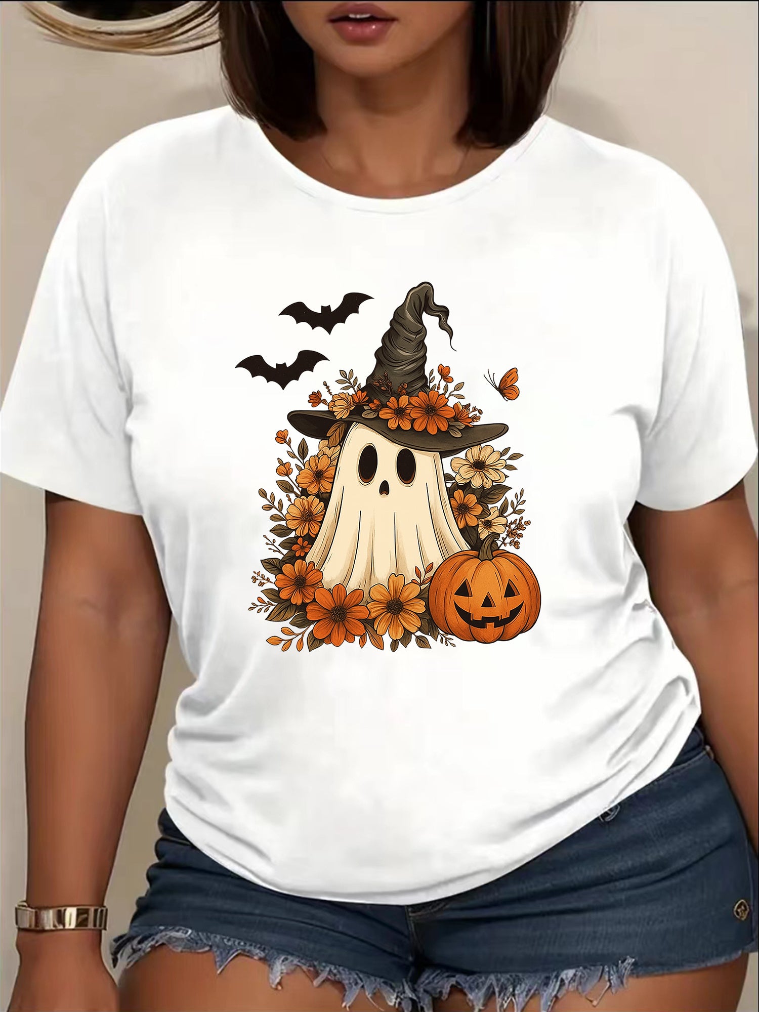 Floral Ghost Witch Hat T-Shirt, Halloween Pumpkin & Bats Graphic Tee