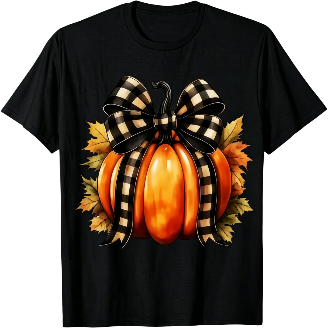 Thanksgiving Harvest Pumpkin Bow Buffalo Plaid Ribbon Fall Autumn Women T‑Shirt