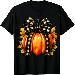 Thanksgiving Harvest Pumpkin Bow Buffalo Plaid Ribbon Fall Autumn Women T‑Shirt