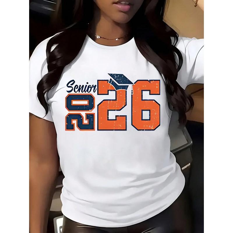 Class of 2026 Graduation T-Shirt - Senior Year Celebration Tee with Bold SENIOR Text Plus-Size Women's Casual Round Neck Shirt - Machine Washable Graduation Party Outfit, Celebration Apparel, Geometric Pattern Tee