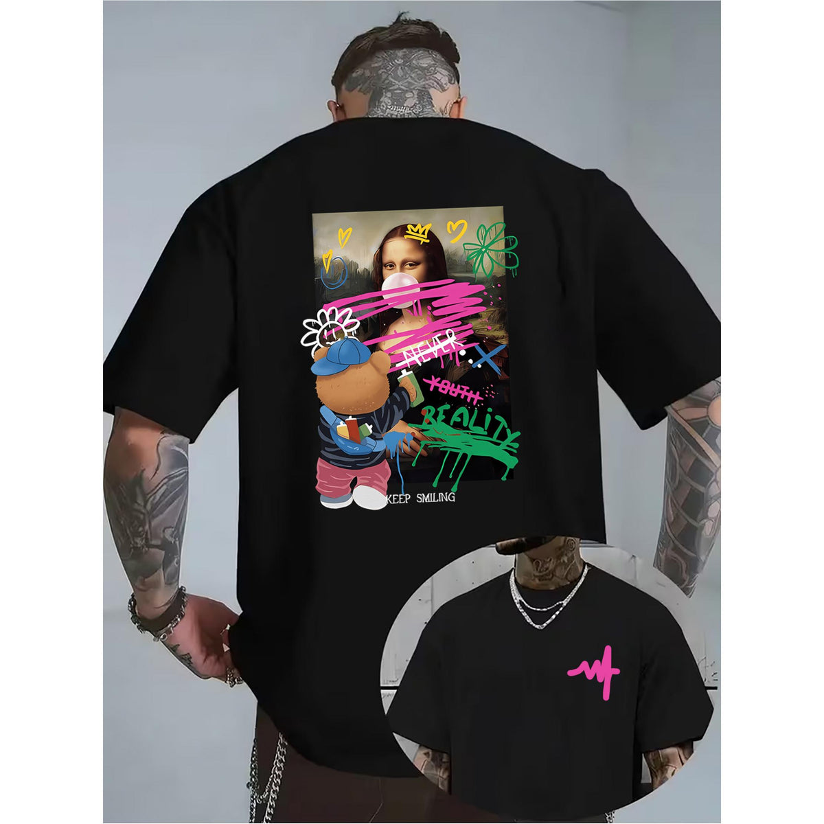 Men's Casual Graphic T-Shirt - Artistic Bear with Crown and Heart Design, Short Sleeve, Round Neck, Perfect for Summer, Playful Design for Comfortable Fit