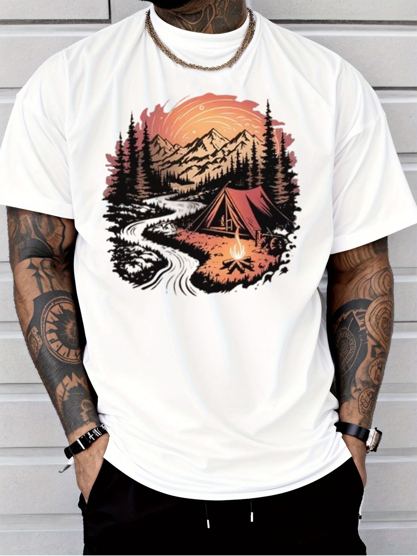 Mountain Camping Shirt, Sunset Tent Campfire Forest Graphic Tee