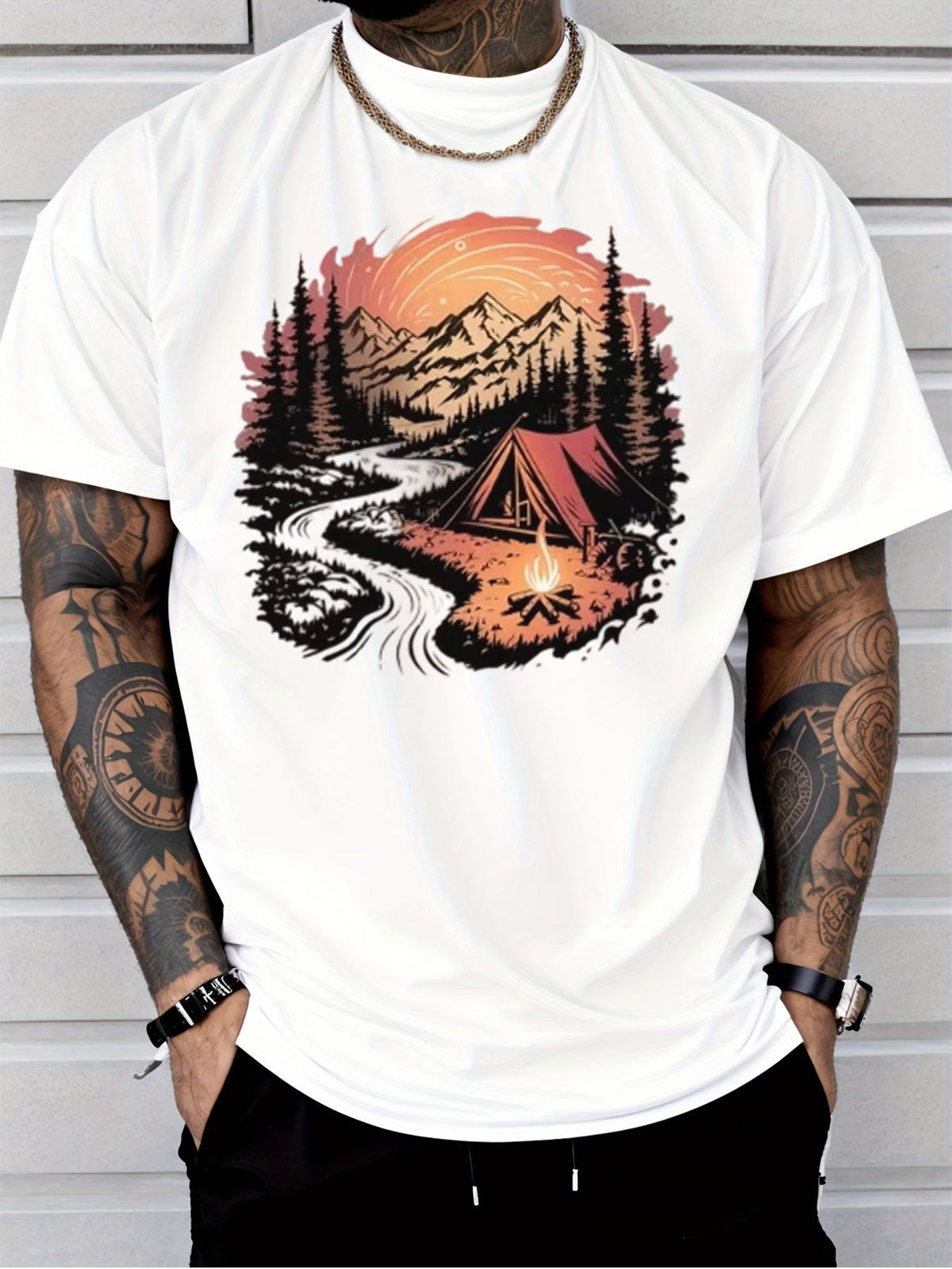 Mountain Camping Shirt, Sunset Tent Campfire Forest Graphic Tee