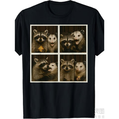[Animal Lovers Gift] Funny Possum & Raccoon Photobooth Selfie Graphic T-Shirt - Retro Vintage Style Unisex Short Sleeve Tee with 4 Animal Selfies, 220gsm Heavyweight, All-Season Fit for Men & Women, Casual & Themed Events (Animal Lovers Gift)