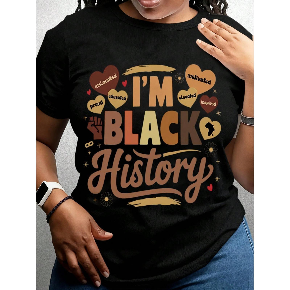 Women's Black History Long Sleeve Crew Neck T-Shirt - I'm Black History Graphic With Heart & Lightning Design, White Polyester Casual Top For Fall & Winter, Everyday Tshirt  Crew Neck Top  Polyester Fabric