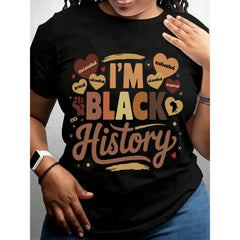 Women's Black History Long Sleeve Crew Neck T-Shirt - I'm Black History Graphic With Heart & Lightning Design, White Polyester Casual Top For Fall & Winter, Everyday Tshirt  Crew Neck Top  Polyester Fabric