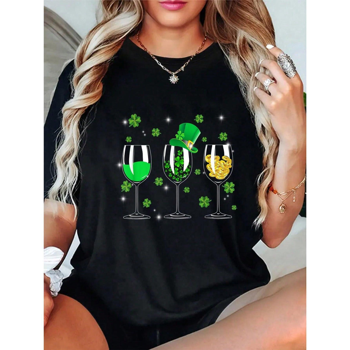 100% Cotton Three Wine Glass St Patrick's Day Shamrock Gift Womens Mens T-Shirt Women's Men's Black Short Sleeve T-Shirt Classic Fit Funny Tee