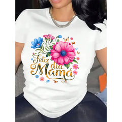 Happy Mother's Day Floral Design Women's T-Shirt With Colorful Flowers And Butterflies Graphic Print For Mom Celebration Gift, 220g