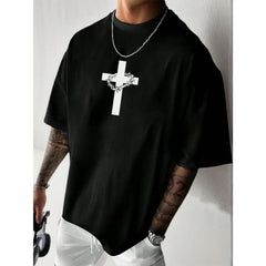 Men's Casual Versatile Simple English Slogan & Cross Print Short Sleeve T-Shirt Funny cotton gift tee