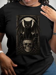 Black Cat Pattern Women's Short-sleeved Shirt with Wings