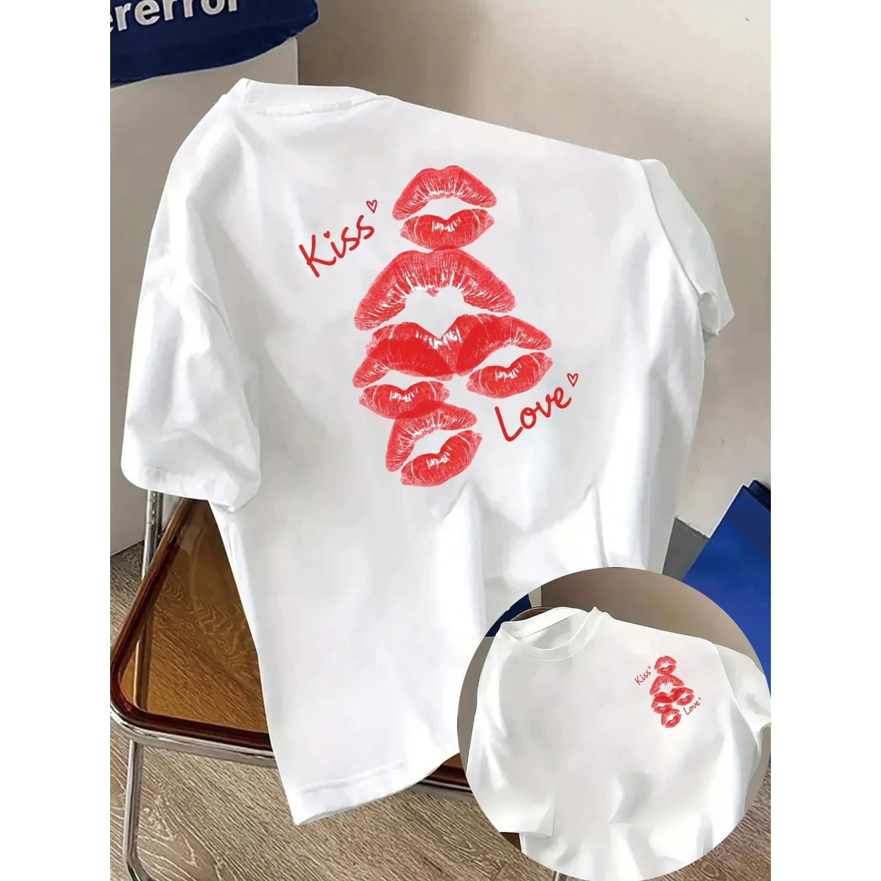 Kiss Mark, Love Print Tshirt Short Sleeve Crew Neck Casual Top for Summer Spring, Women's Clothing