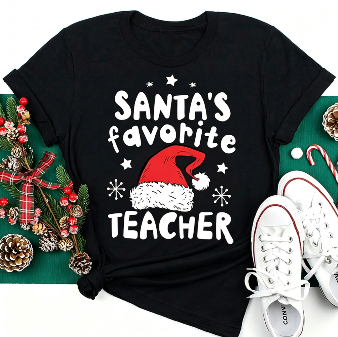 Women’s Cute Christmas Teacher Graphic T‑Shirt, Festive Classroom Holiday Crew Neck Short‑Sleeve Casual Tee with School Character Print