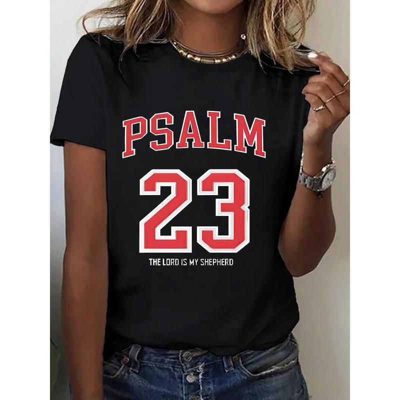 Women's 100% Cotton Psalm 23 Print T-Shirt Round Neck Short Sleeve All-Season Comfort Outdoor Apparel Geometric Print Tee Black Crewneck Fitted Streetwear Tshirt Casual Everyday Style Summer Fashion Top Womenswear Shortsleeve