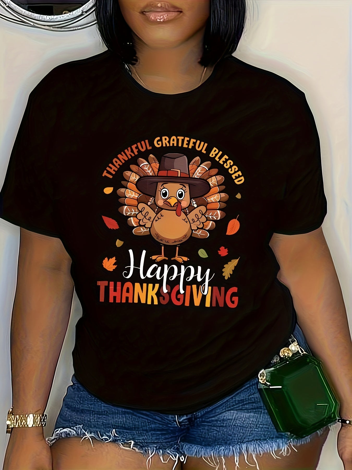 Happy Thanksgiving Shirt Women Thankful Grateful Blessed Turkey T-Shirt