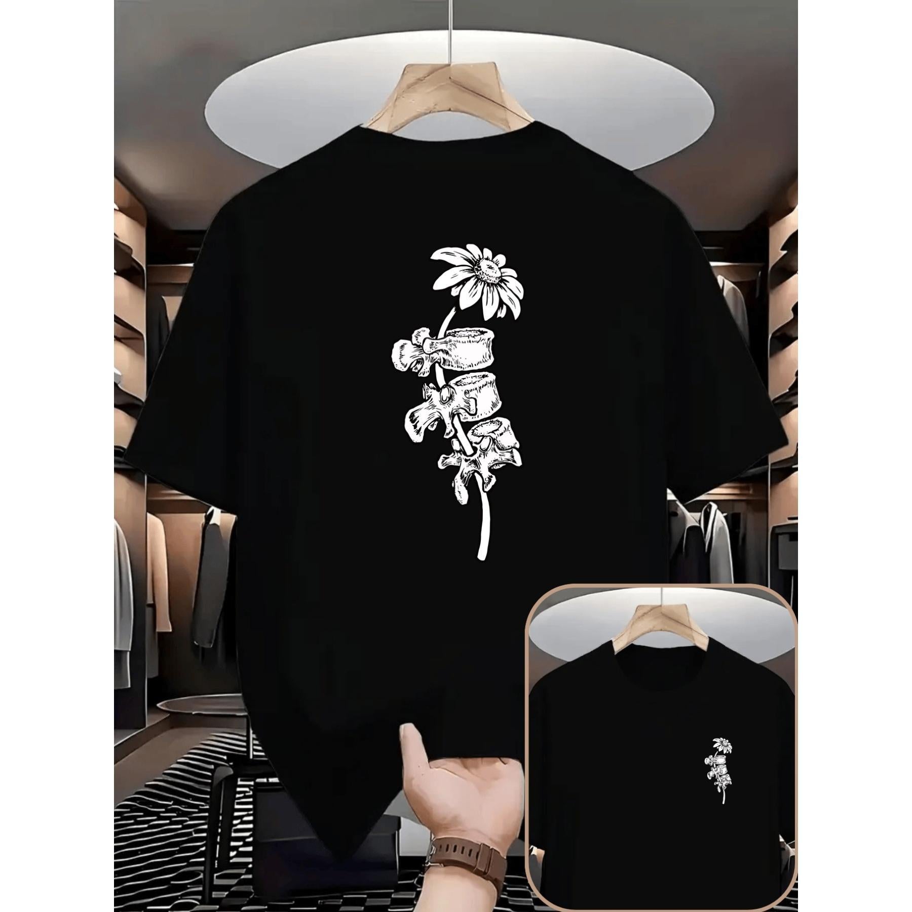 Men'S T-Shirt with Spine and Sunflower Double-Sided Print | Casual Style, Crew Neck, Perfect for Daily Wear and Fitness, Summer Season
