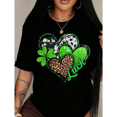 Black T-Shirt With Heart And Clover Print Luck Text For St Patrick's Day Celebration